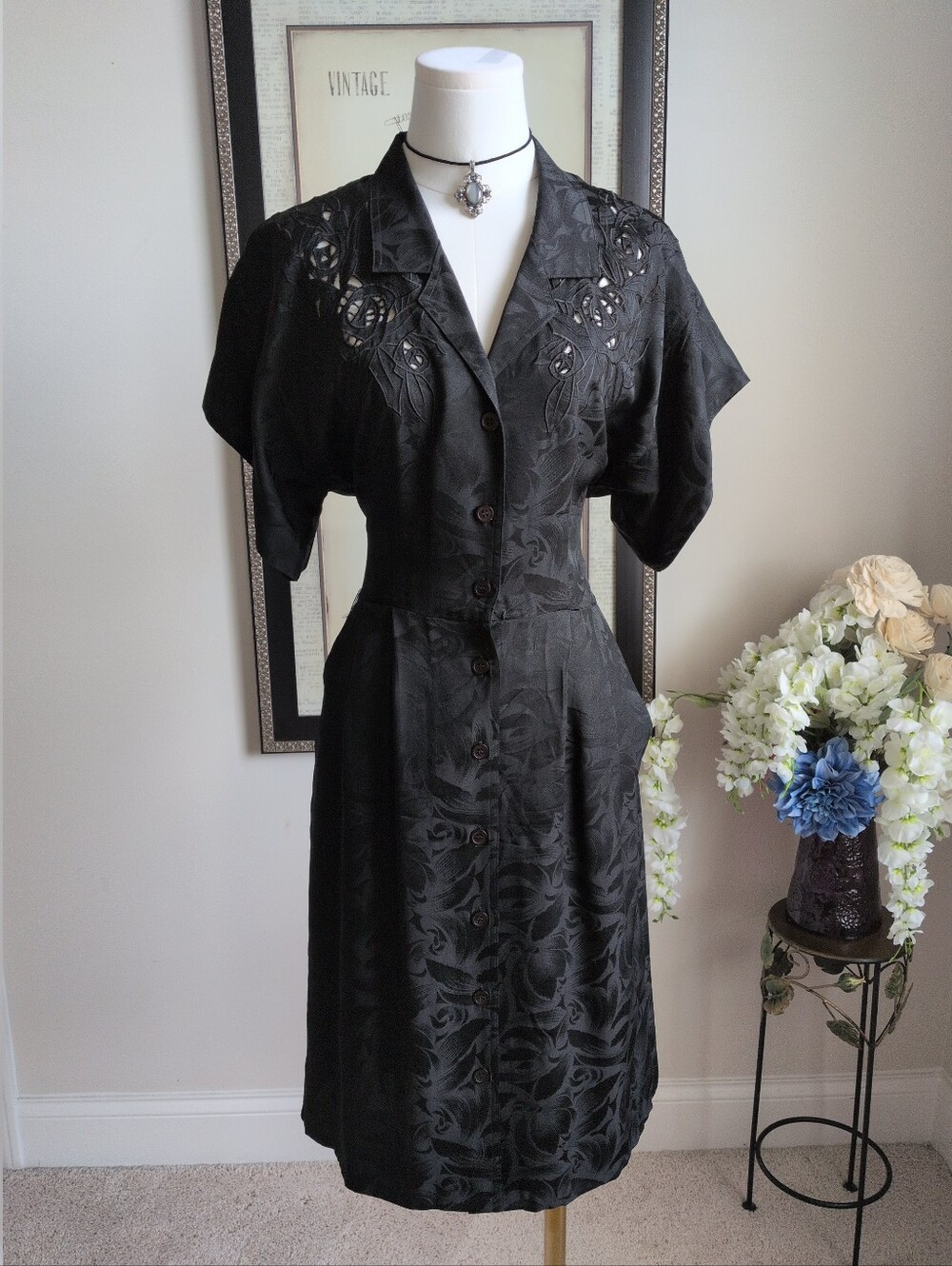 Lauren Alexandra Black 100% Silk Button-Front Women's Dress Size 8